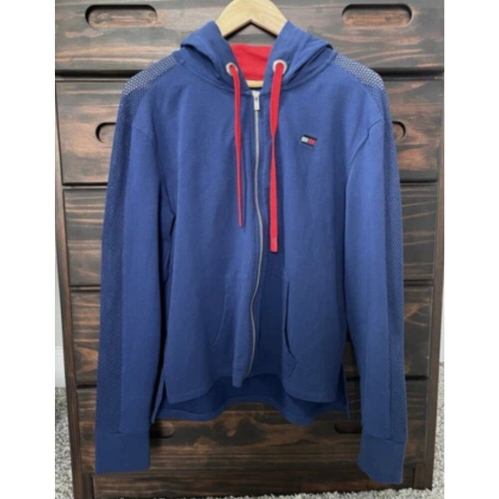 Tommy Hilfiger Sport Logo Zip Up Hoodie Blue Mesh Arms Pocket Womens Large